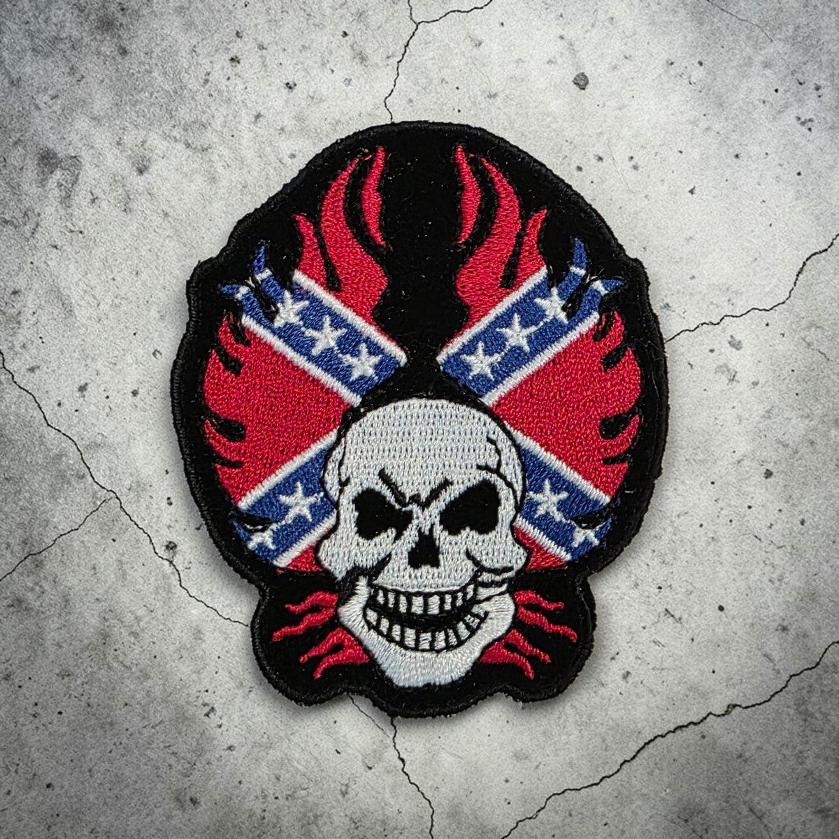 Battle Flag Biker Patch - Skull With Flames