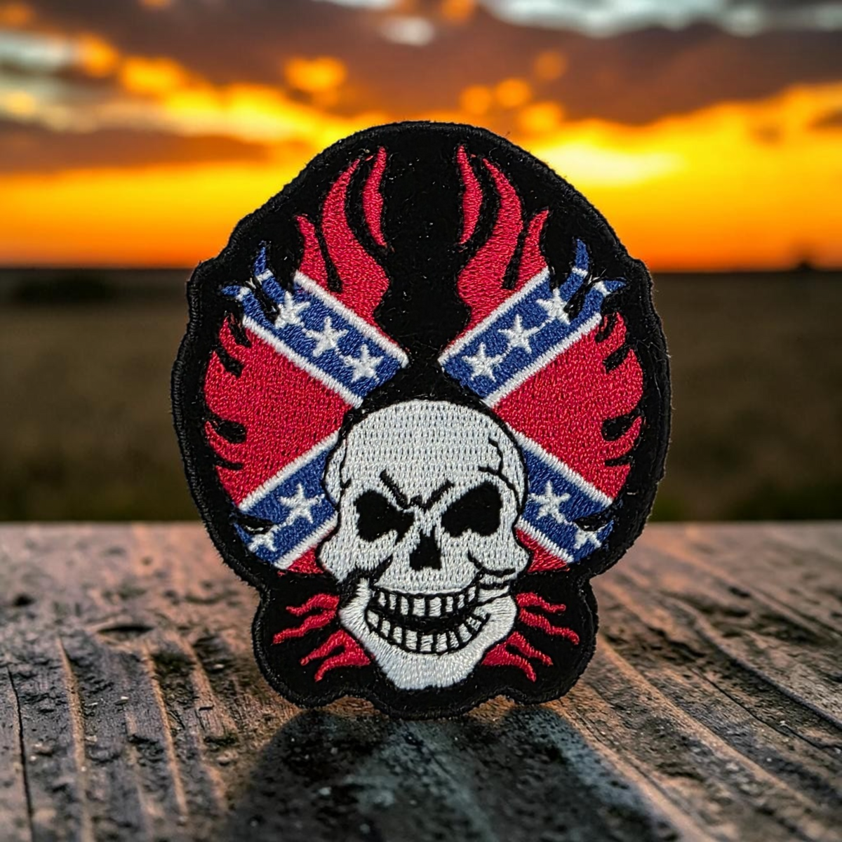 Battle Flag Biker Patch - Skull With Flames