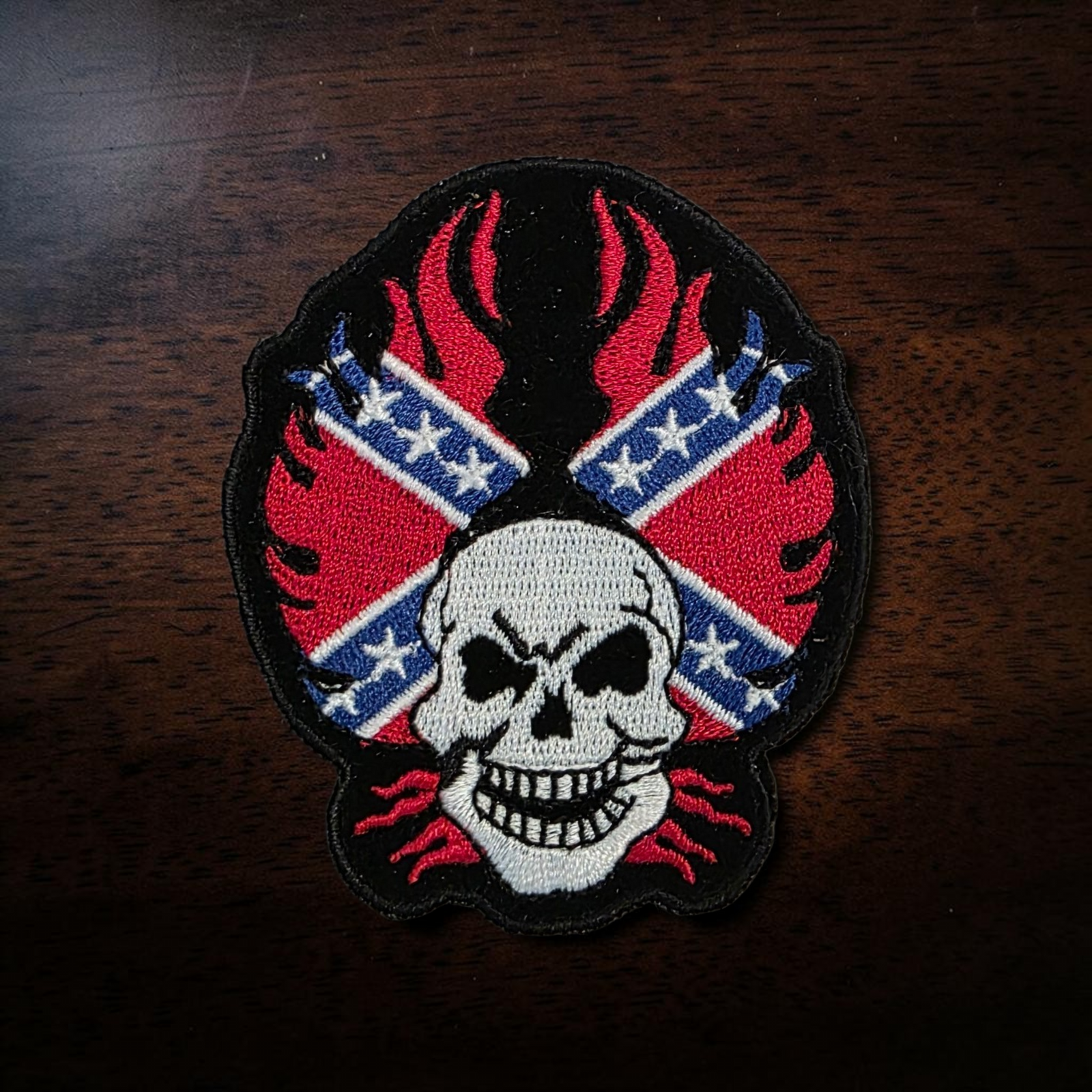 Battle Flag Biker Patch - Skull With Flames